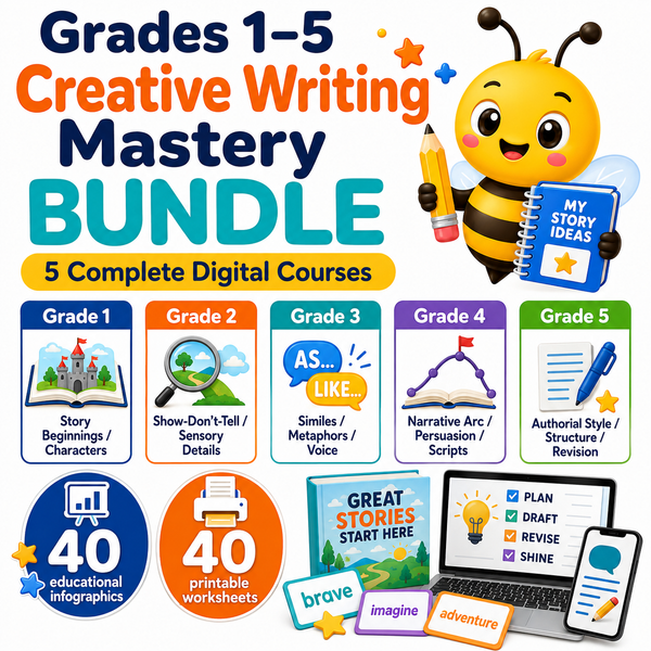Grades 1β5 Creative Writing Mastery BUNDLE with five digital courses, 40 infographics and 40 worksheets