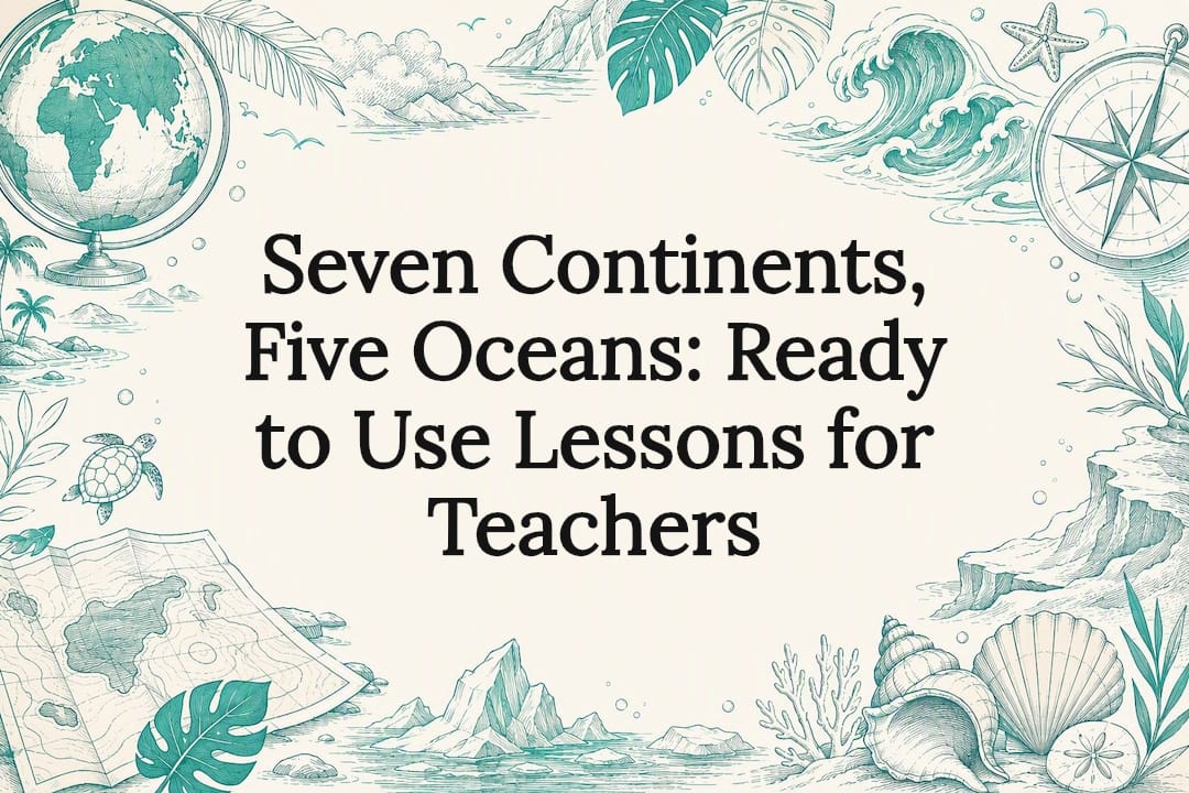 Hand-drawn continents and oceans title card