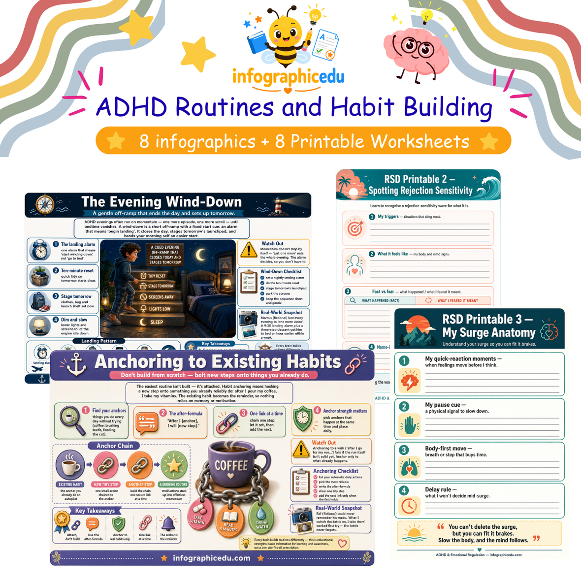A colourful ADHD daily routine chart for children showing morning, homework and bedtime steps with picture icons