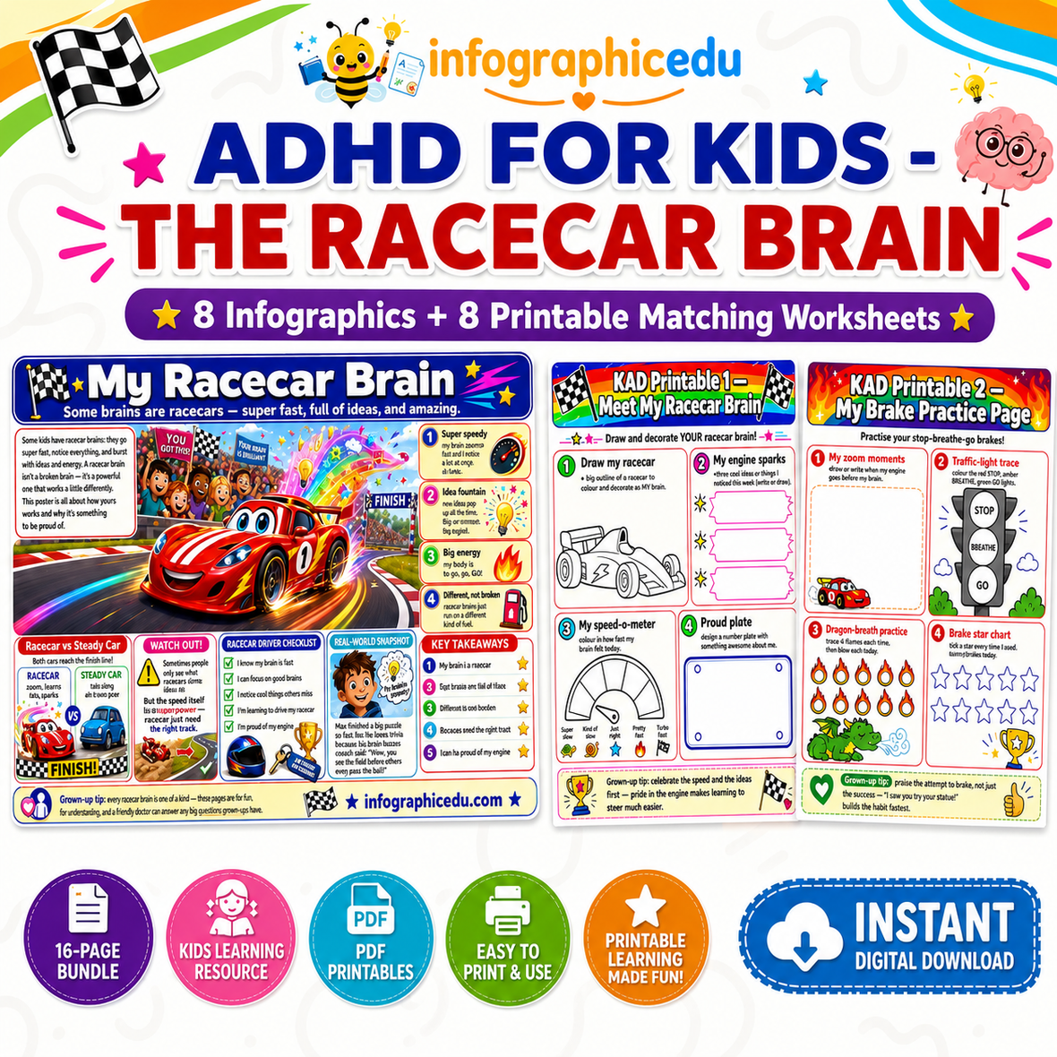 Kids ADHD Racecar Brain visual course cover, illustrating the race-car-brain idea for explaining ADHD to children
