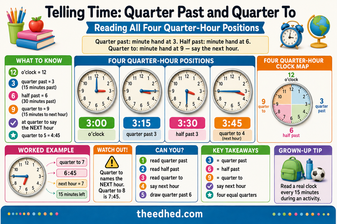Quarter past and quarter to Grade 1 telling time infographic from Edhed Learning