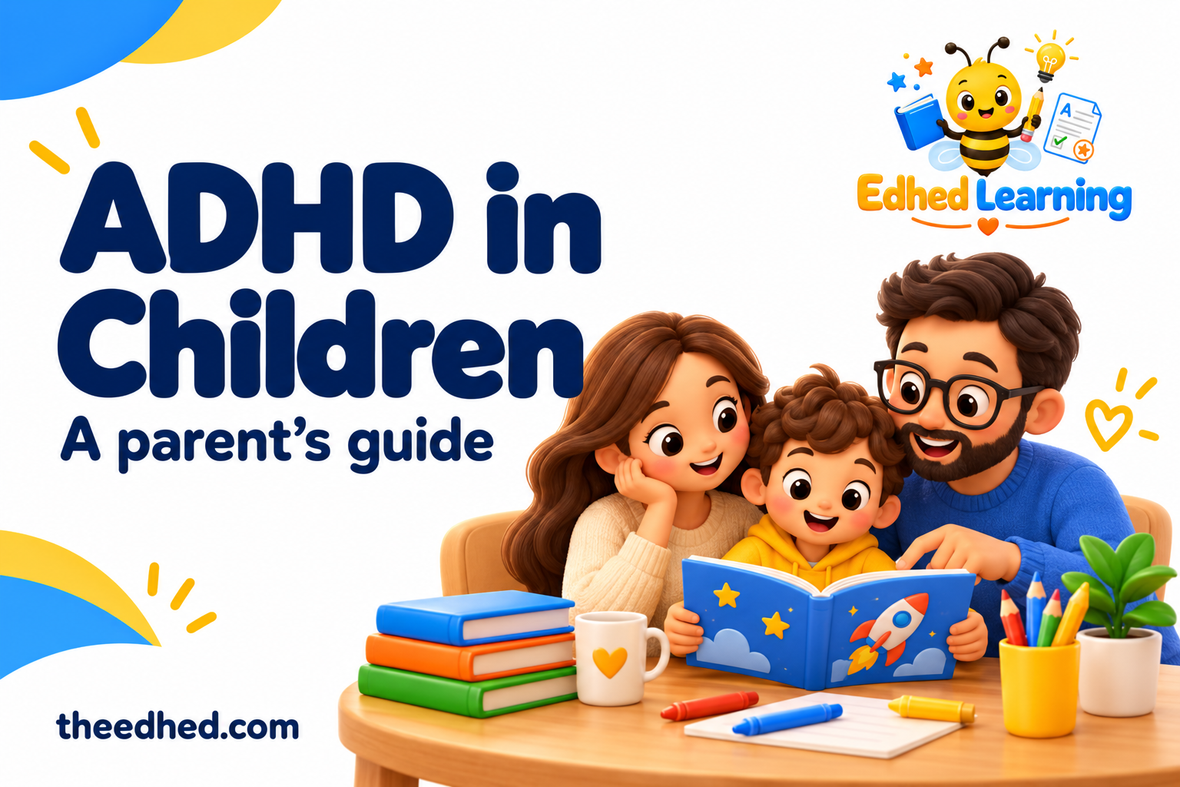 Edhed Learning: ADHD in Children. a family reading together at a cosy table with colourful learning tools.
