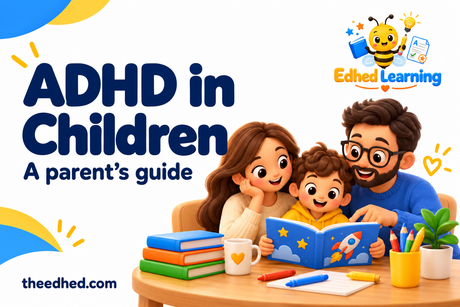 Edhed Learning: ADHD in Children. a family reading together at a cosy table with colourful learning tools.