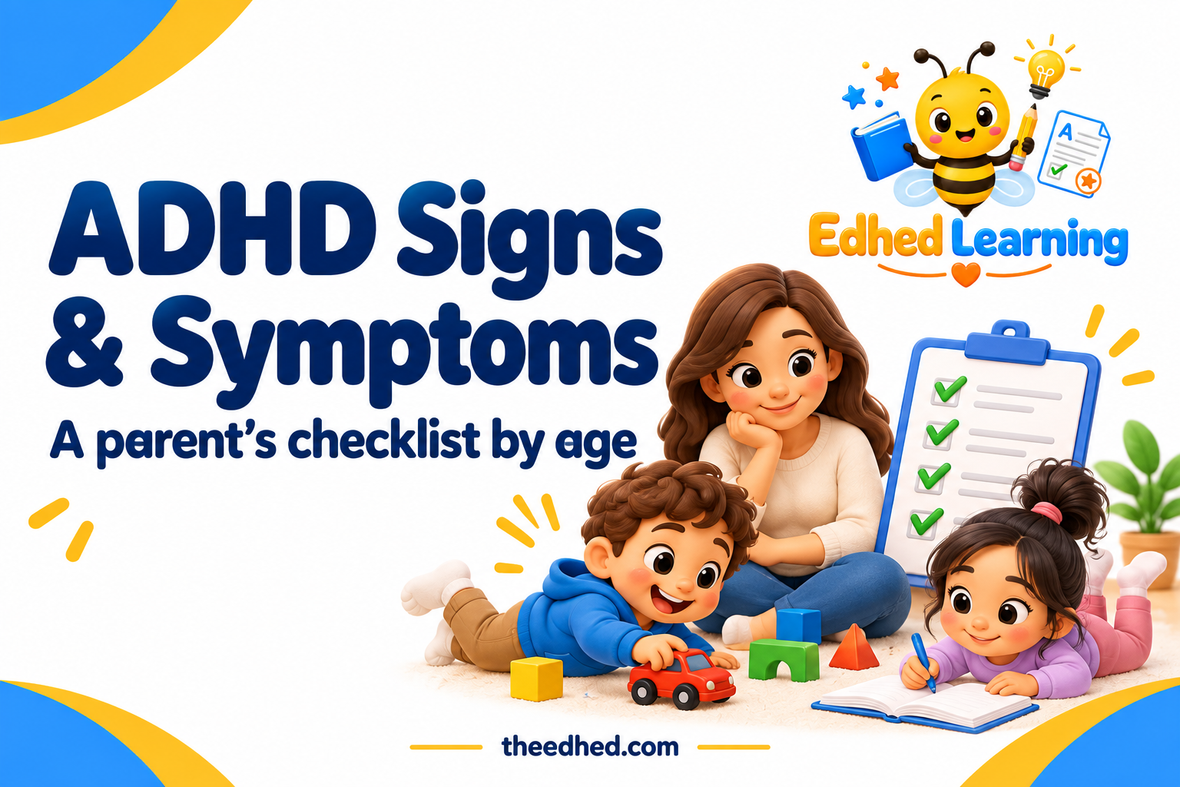 Edhed Learning: ADHD Signs & Symptoms. a parent observing children playing and studying, a plain checklist clipboard with check marks but no words.
