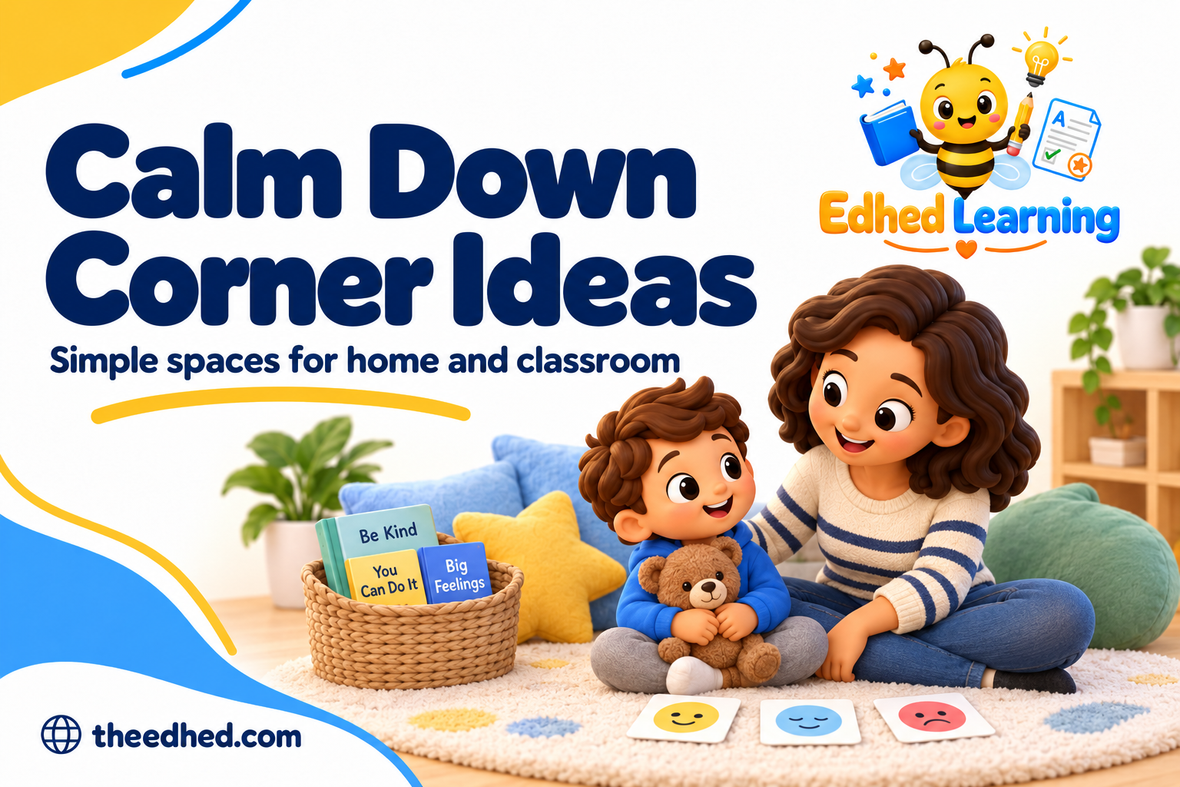 Edhed Learning: Calm Down Corner Ideas, with a parent and child in a cosy space with cushions, books and feelings cards.