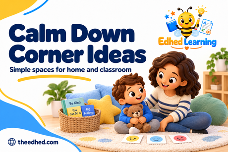 Edhed Learning: Calm Down Corner Ideas, with a parent and child in a cosy space with cushions, books and feelings cards.