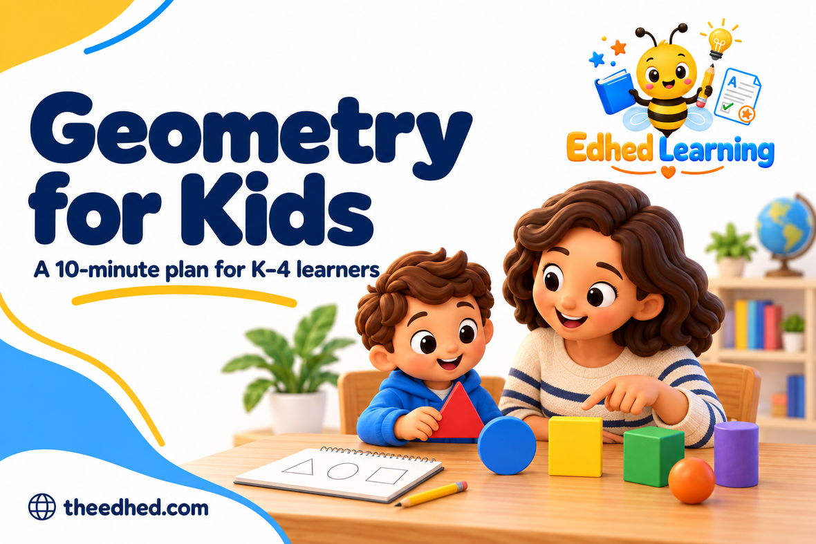 Edhed Learning: Geometry for Kids, with a teacher and child exploring colourful flat shapes and solid shapes.