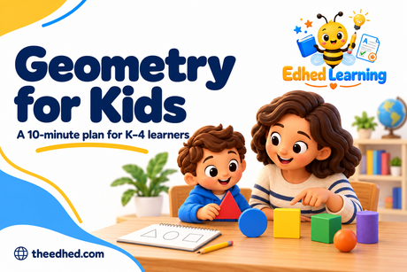 Edhed Learning: Geometry for Kids, with a teacher and child exploring colourful flat shapes and solid shapes.