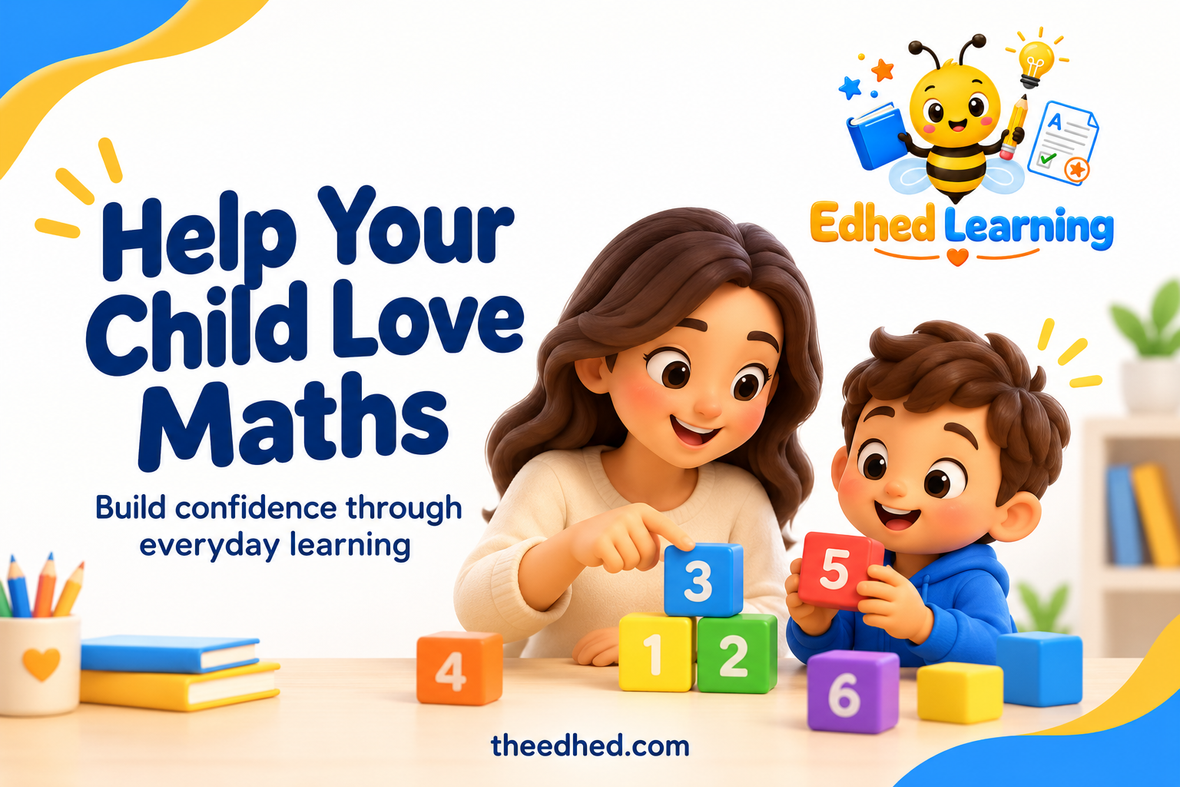 Edhed Learning: Help Your Child Love Maths. a smiling parent and child exploring colourful counting blocks together.