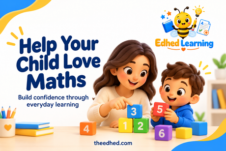 Edhed Learning: Help Your Child Love Maths. a smiling parent and child exploring colourful counting blocks together.
