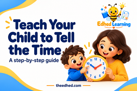 Edhed Learning: Teach Your Child to Tell the Time. a smiling child and parent holding a cheerful analogue teaching clock.