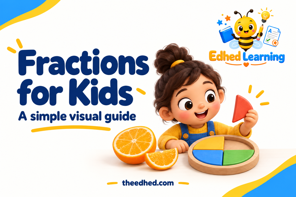 Edhed Learning: Fractions for Kids. a child exploring a wooden circle divided into equal coloured pieces beside a sliced orange.