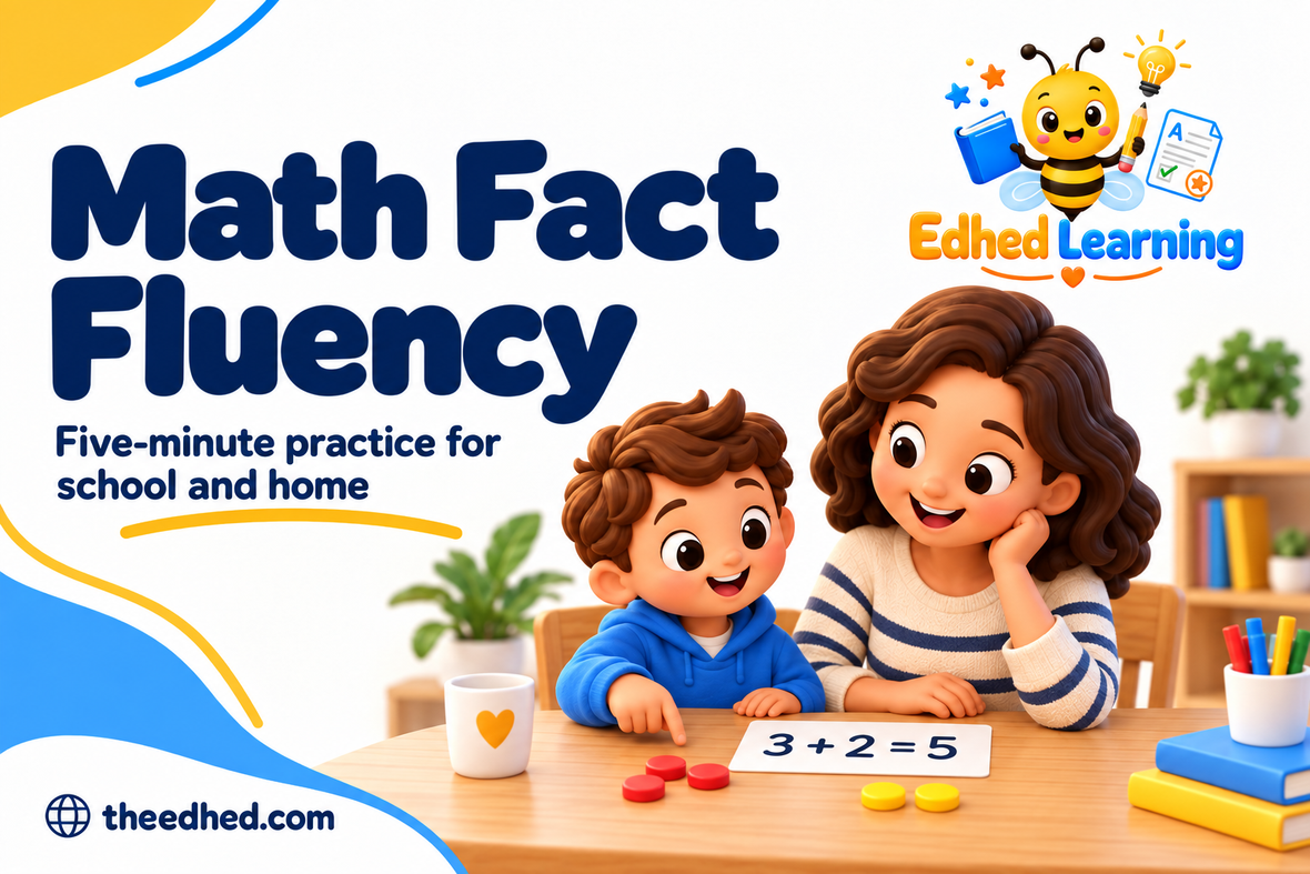Edhed Learning: Math Fact Fluency, with a parent and child practising addition using counters and a 3 + 2 = 5 card.