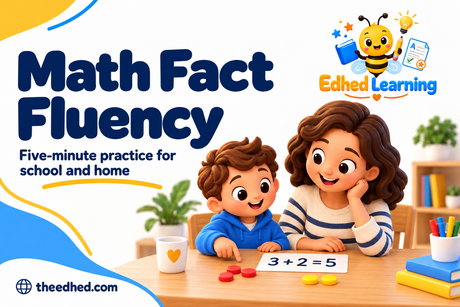 Edhed Learning: Math Fact Fluency, with a parent and child practising addition using counters and a 3 + 2 = 5 card.