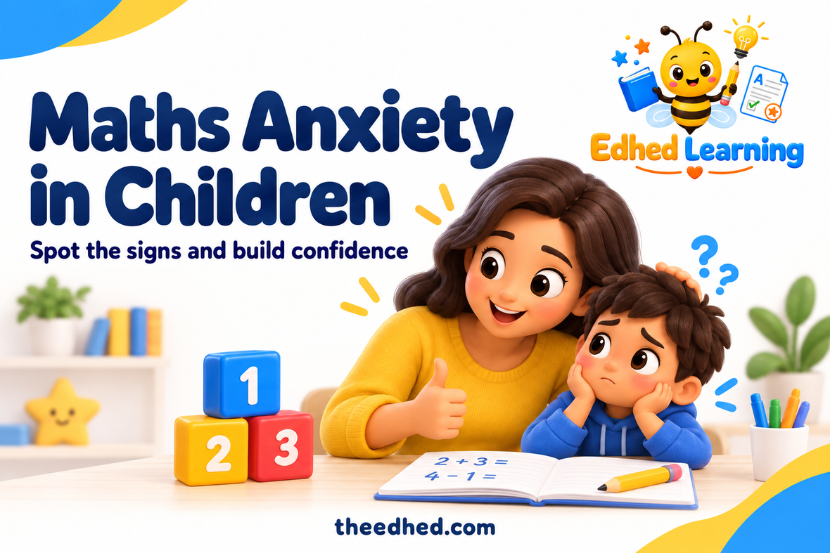 Edhed Learning: Maths Anxiety in Children. a reassuring parent encouraging a slightly worried child beside simple colourful maths blocks.