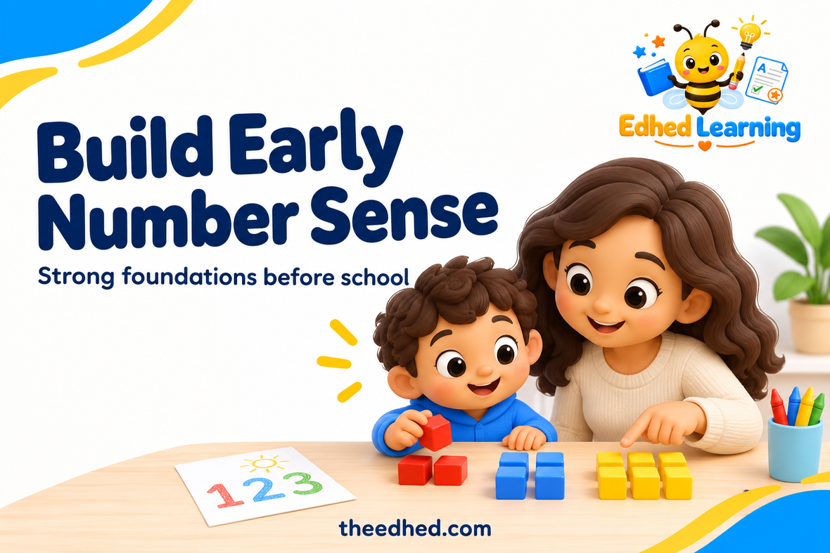 Edhed Learning: Build Early Number Sense. a preschool child sorting small groups of colourful counting blocks with a parent.
