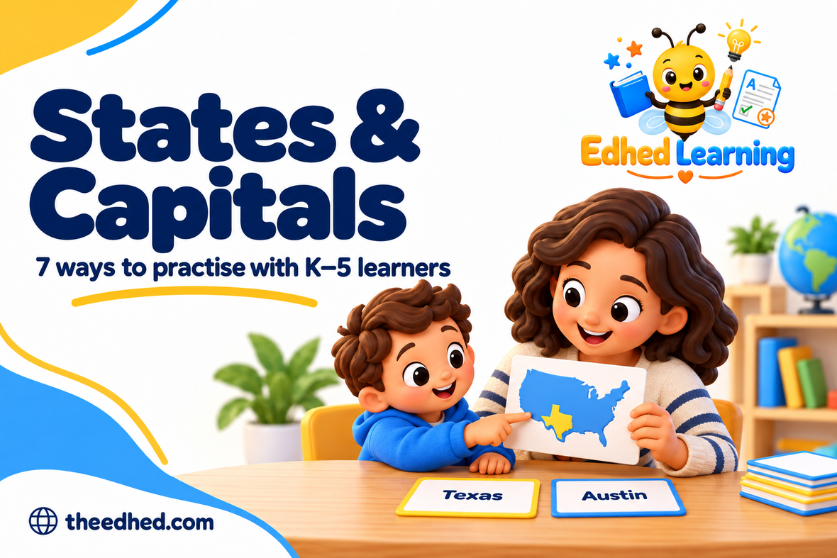 Edhed Learning: States and Capitals, with a teacher and child using a USA outline and Texas–Austin matching cards.