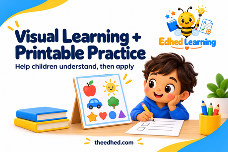 Edhed Learning: Visual Learning + Printable Practice. a child looking between a colourful learning poster and a simple practice page with a pencil.