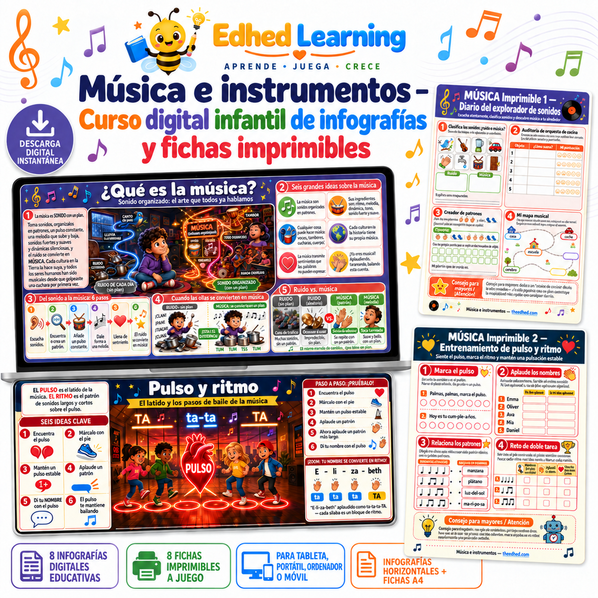 Música e instrumentos: curso digital con 8 infografías y 8 fichas imprimibles en español