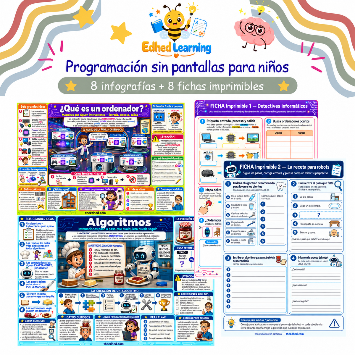 Programación sin pantallas para niños: 8 infografías y 8 fichas imprimibles