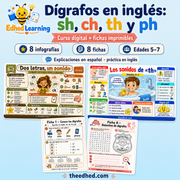 Dígrafos en inglés sh ch th y ph, curso digital con 8 infografías y 8 fichas imprimibles