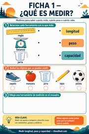 Ficha imprimible ¿Qué es medir? con actividades de longitud, peso y capacidad