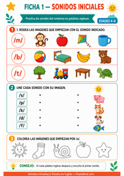 Ficha imprimible de sonidos iniciales en inglés para niños hispanohablantes.