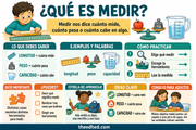 Infografía en español ¿Qué es medir? sobre longitud, peso y capacidad para niños