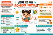 Infografía en español que explica cómo escuchar el sonido inicial de palabras inglesas.