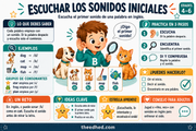 Infografía para practicar los primeros sonidos de palabras inglesas con ejemplos visuales.