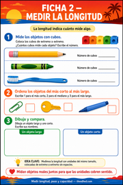 Ficha imprimible Medir la longitud con cubos, ordenar objetos y dibujar comparaciones
