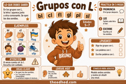 Infografía de grupos consonánticos con L y palabras de ejemplo en inglés.
