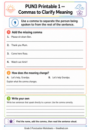 Grade 3 Punctuation printable preview – commas to clarify meaning