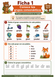 Ficha imprimible para reconocer grupos consonánticos en palabras inglesas.