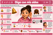 Infografía del oído con una niña escuchando y ejemplos de sonidos fuertes, suaves, agudos y graves.