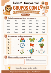 Ficha imprimible de grupos con L para niños hispanohablantes de 5–7 años.