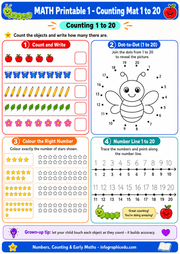 Educational worksheet for counting objects from 1 to 20 with colorful graphics and activities.