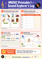 Music-themed worksheet for children with various activities and sound icons.