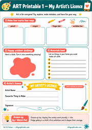 Art printable worksheet titled 'My Artist's Licence' with various art activities and a signature section.
