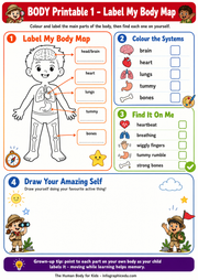 Educational worksheet for children to label their body parts with cartoon illustrations and text.