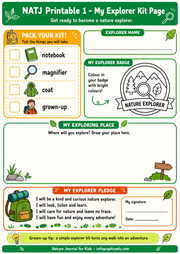 Nature Explorer Kit Page with checkboxes, badge, and pledge for children to pack their kit and explore nature.