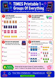 Educational worksheet for teaching times tables and multiplication with colorful graphics and text.