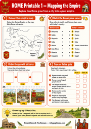 Educational worksheet about Rome's growth from a city to an empire, featuring a map, place name matching, growth picture ordering, and true/false quiz.