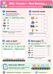 Educational worksheet for teaching phonics with sound buttons, letter or team, and word surgery activities.