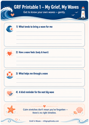Grief worksheet titled 'My Grief, My Waves' with ocean-themed graphics and text.