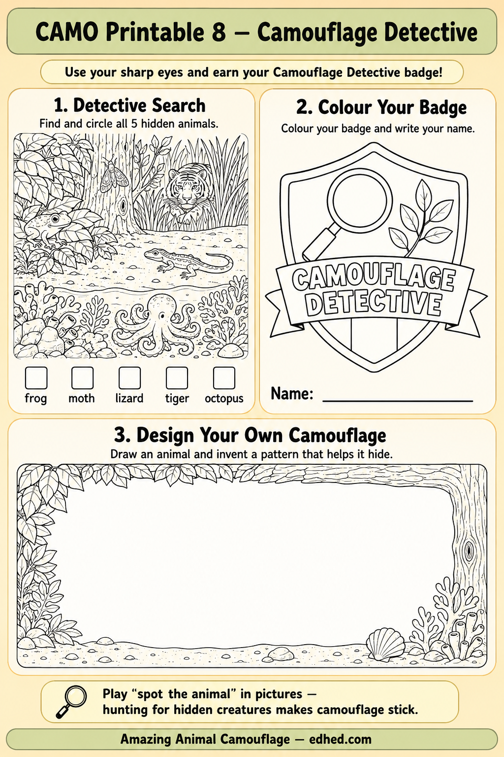 Camouflage Detective printable activity worksheet for children