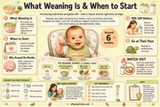 Infographic on weaning with baby in high chair and text about introducing solid foods.