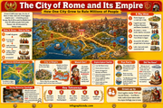 Educational poster about the City of Rome and its Empire with maps and illustrations.