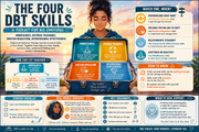 Infographic on DBT skills with a woman holding a toolbox against a beach background