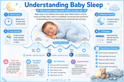 Infographic explaining baby sleep cycles and patterns with illustrations and text.